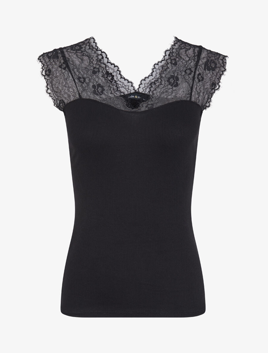 Top côtelé à épaules en dentelle - Noir - 1