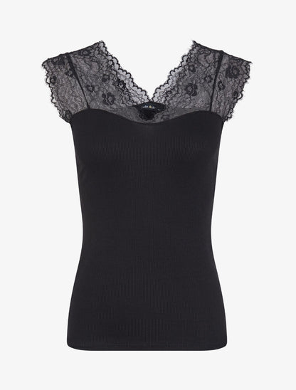 Top côtelé à épaules en dentelle - Noir - 1