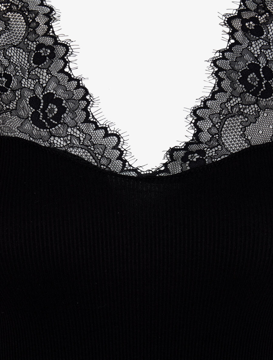 Top côtelé à épaules en dentelle - Noir - 3