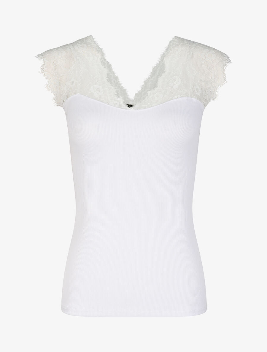 Top côtelé à épaules en dentelle - Blanc - 1