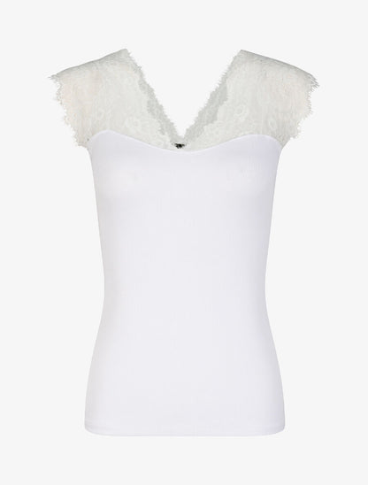 Top côtelé à épaules en dentelle - Blanc - 1