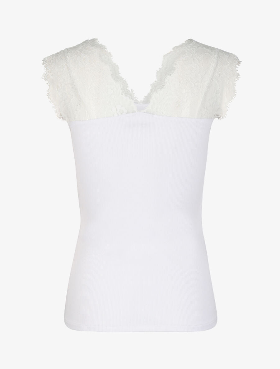 Top côtelé à épaules en dentelle - Blanc - 2
