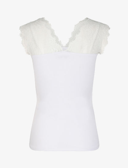 Top côtelé à épaules en dentelle - Blanc - 2