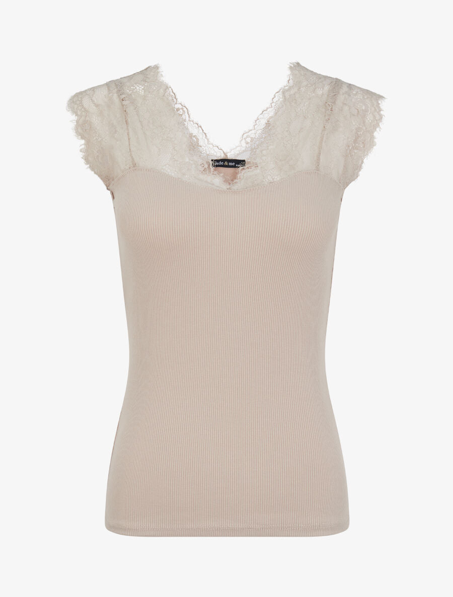 Top côtelé à épaules en dentelle - Beige - 1