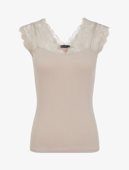 Top côtelé à épaules en dentelle - Beige - 1