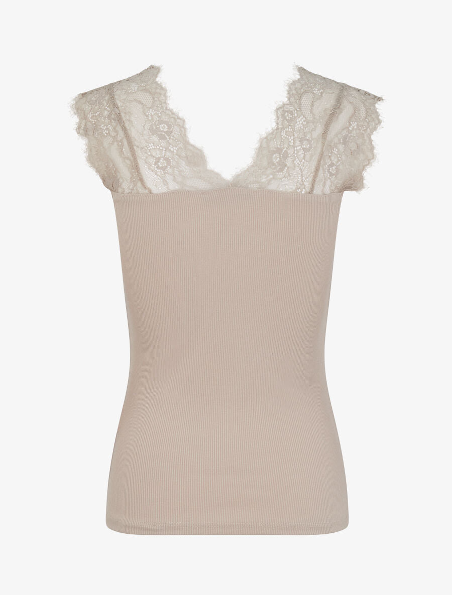 Top côtelé à épaules en dentelle - Beige - 2