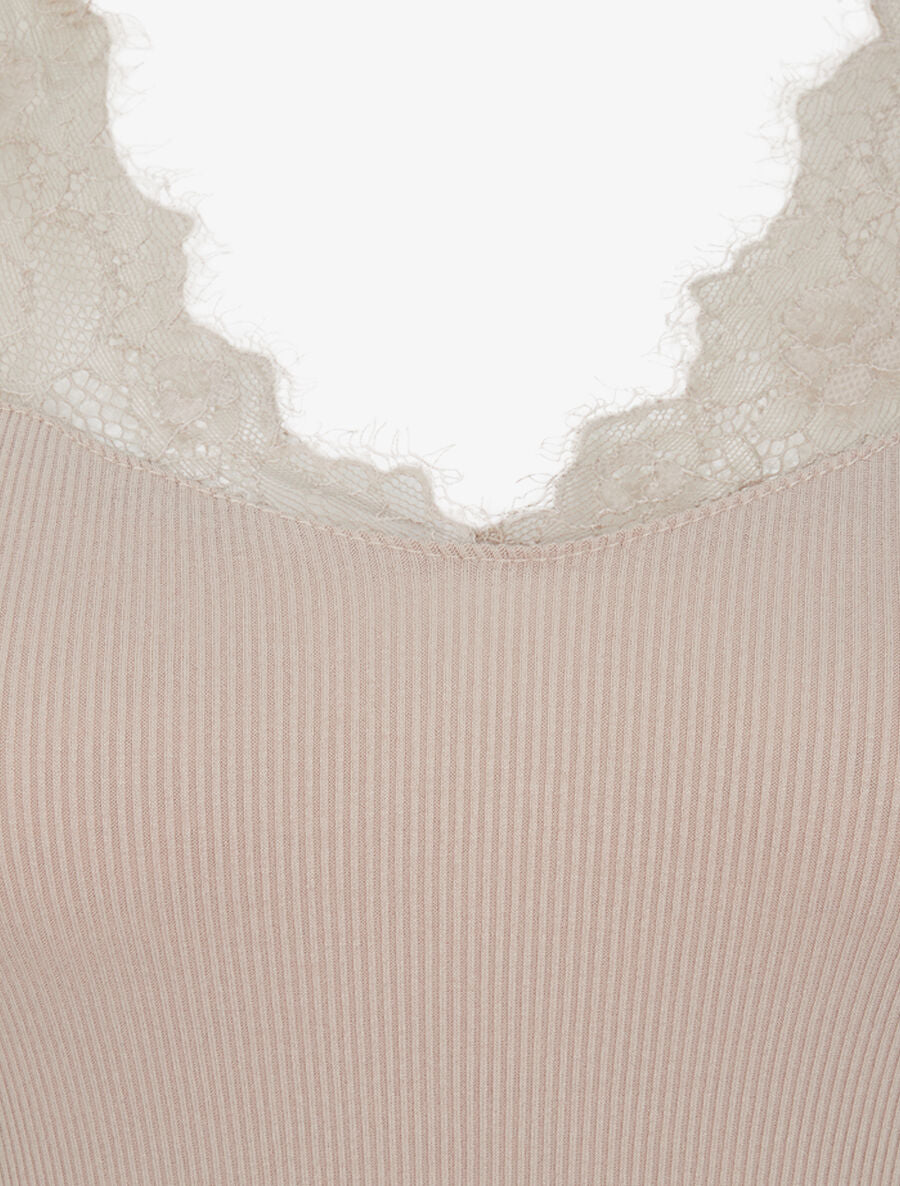 Top côtelé à épaules en dentelle - Beige - 3