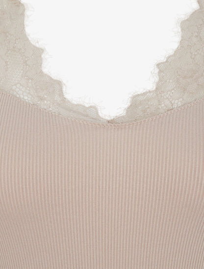 Top côtelé à épaules en dentelle - Beige - 3