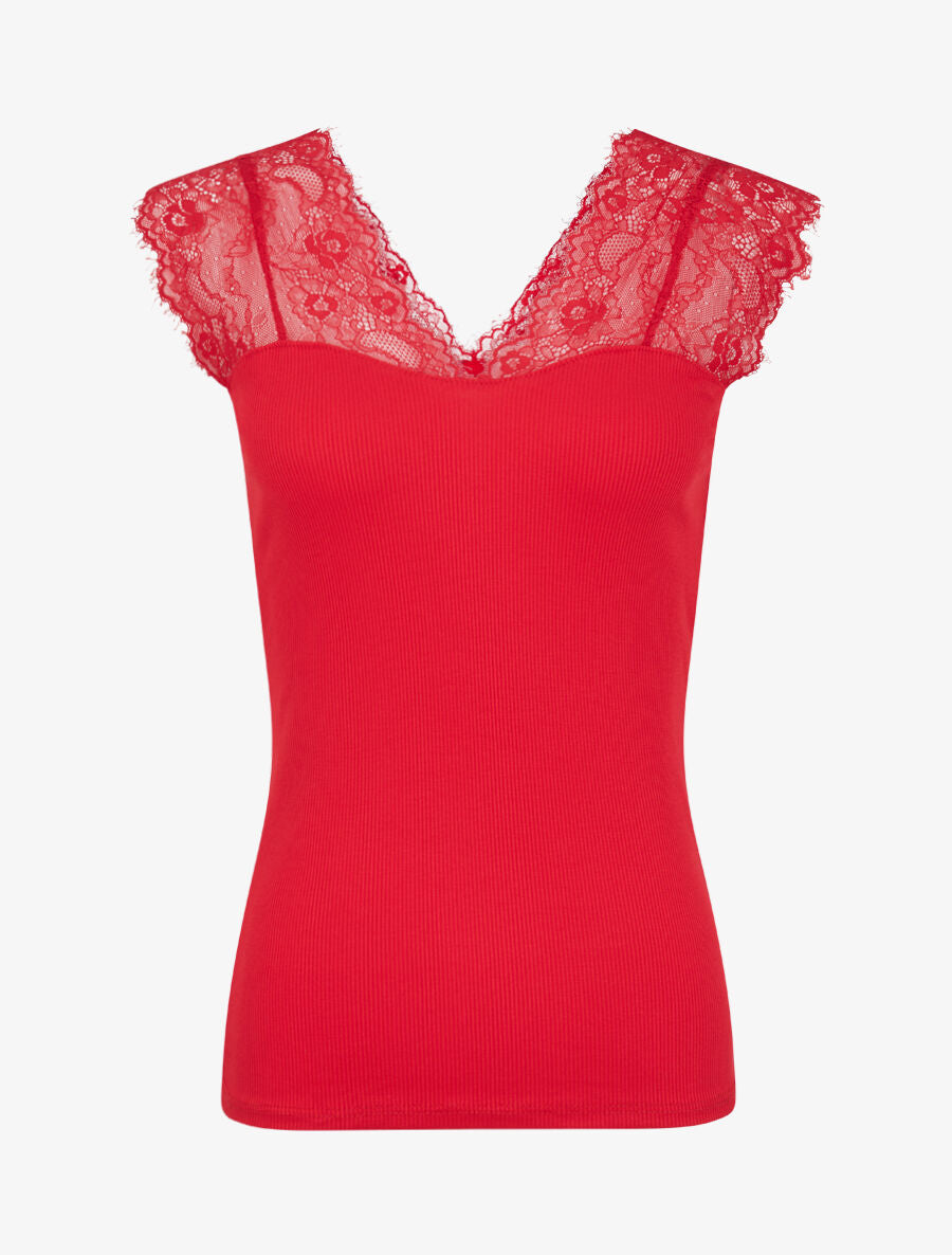 Top côtelé à épaules en dentelle - Rouge - 1
