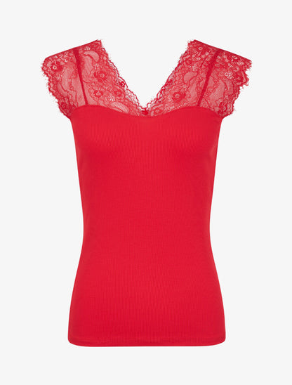 Top côtelé à épaules en dentelle - Rouge - 1