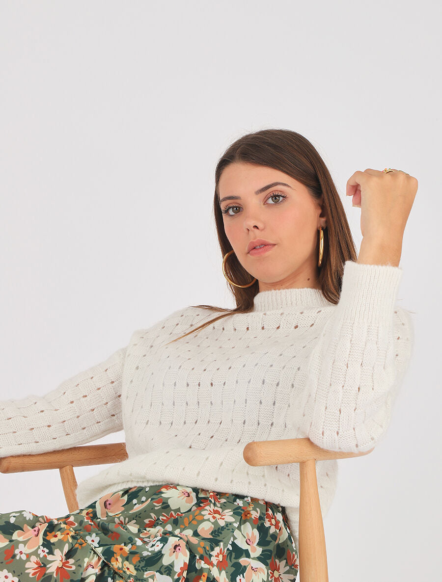 Pull droit maille fantaisie - Blanc - 4