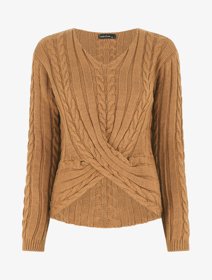 Pull droit torsadé en maille tressée - Camel - 4