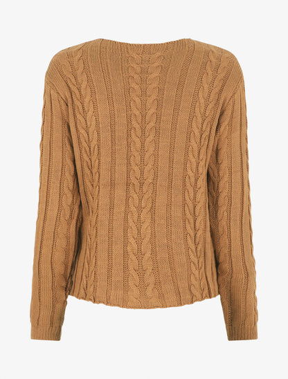 Pull droit torsadé en maille tressée - Camel - 2