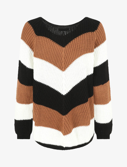 Pull droit rayé col rond - Camel - 2