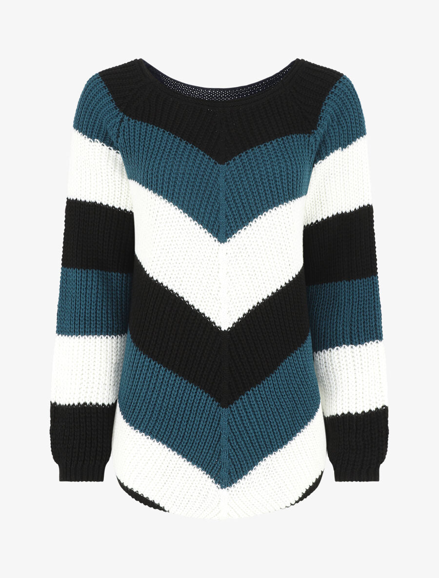 Pull droit rayé col rond - Bleu canard - 1