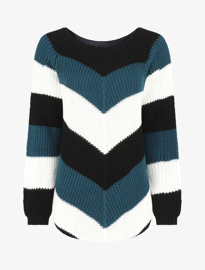 Pull droit rayé col rond - Bleu canard - 1