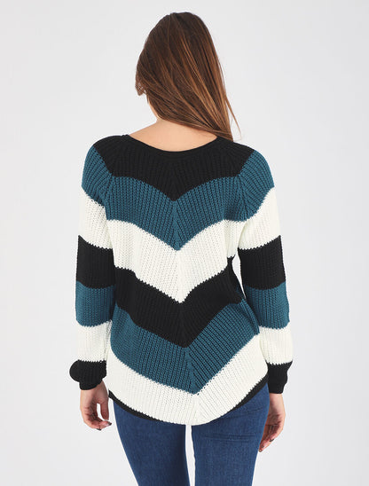 Pull droit rayé col rond - Bleu canard - 5