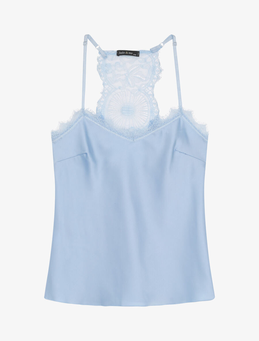 Caraco satiné à dos nageur en dentelle stylisée - Bleu ciel - 1
