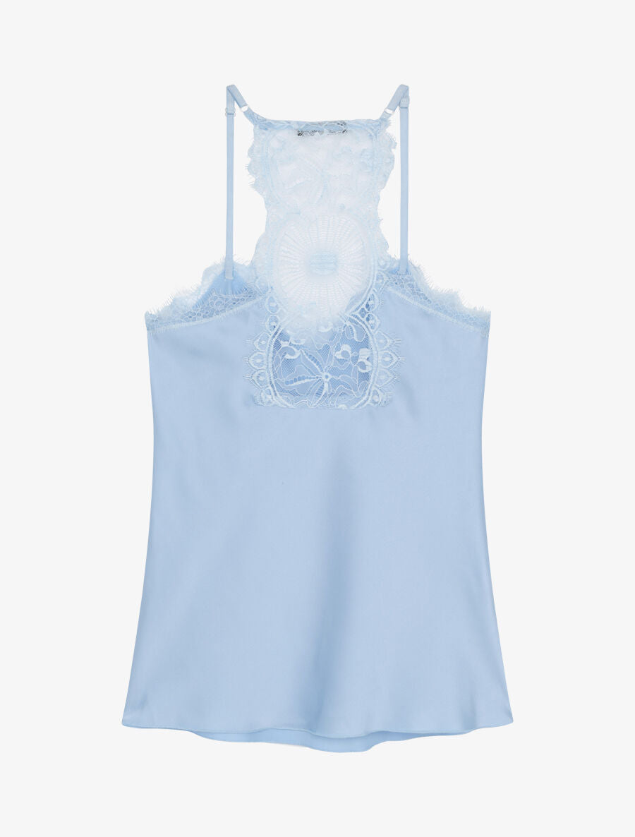 Caraco satiné à dos nageur en dentelle stylisée - Bleu ciel - 2