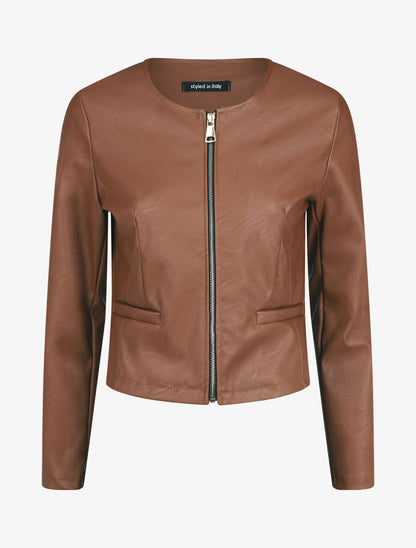 Veste droite zippée en simili - Camel - 4