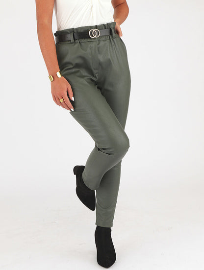 Pantalon uni en simili - Kaki - 4