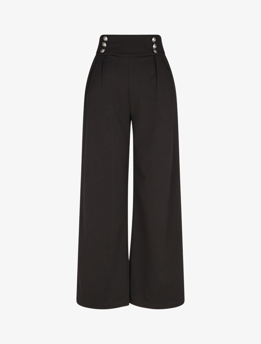 Pantalon ample taille haute à boutons - Noir - 1