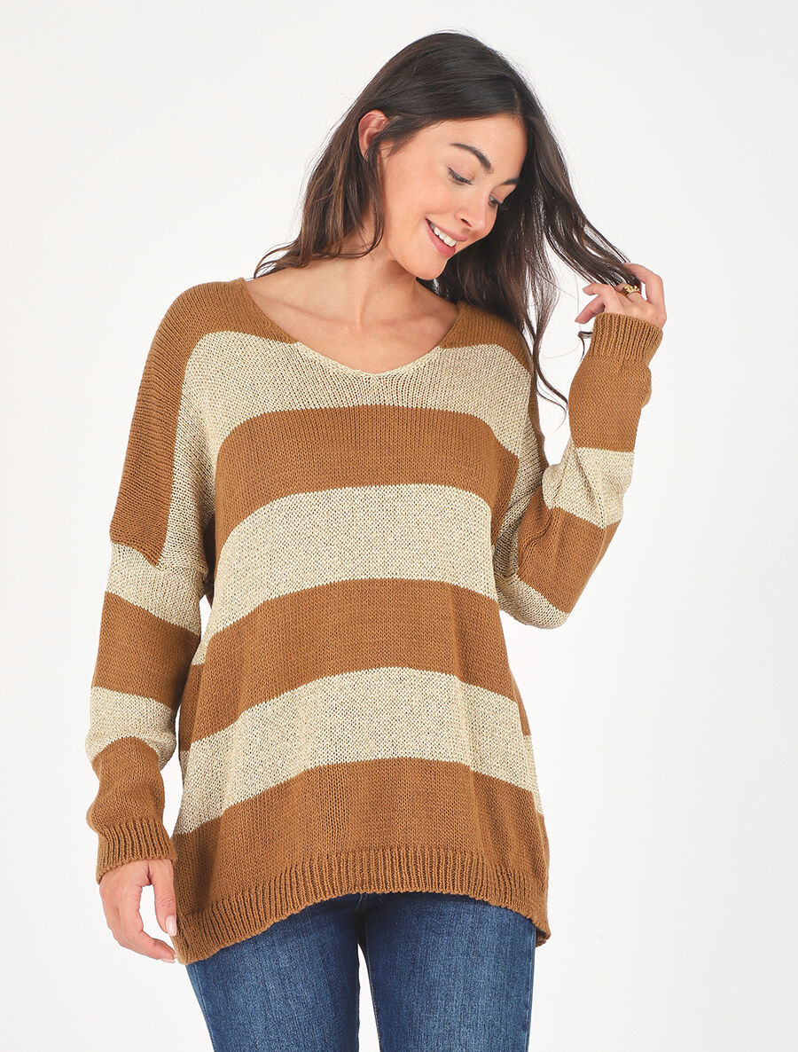 Pull oversize rayé et irisé - Camel - 4