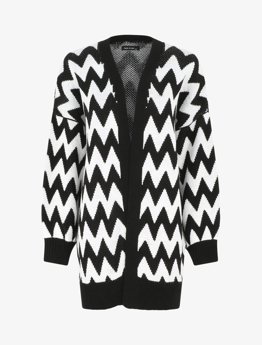 Gilet oversize mi-long motif zigzag - Noir/blanc - 1