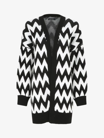 Gilet oversize mi-long motif zigzag - Noir/blanc - 1