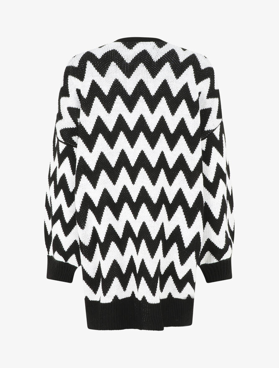 Gilet oversize mi-long motif zigzag - Noir/blanc - 2