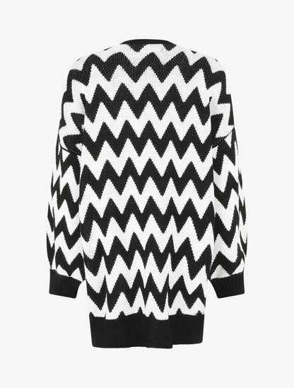 Gilet oversize mi-long motif zigzag - Noir/blanc - 2