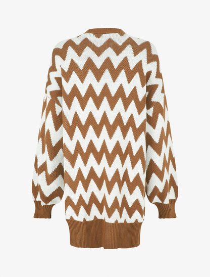 Gilet oversize mi-long motif zigzag - Camel/blanc - 2