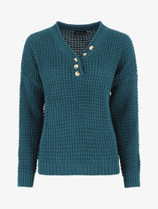 Pull droit uni col V boutonné - Bleu canard - 1