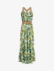 Robe longue coupe patineuse imprimé tropical à bretelles en simili - Blanc - 5