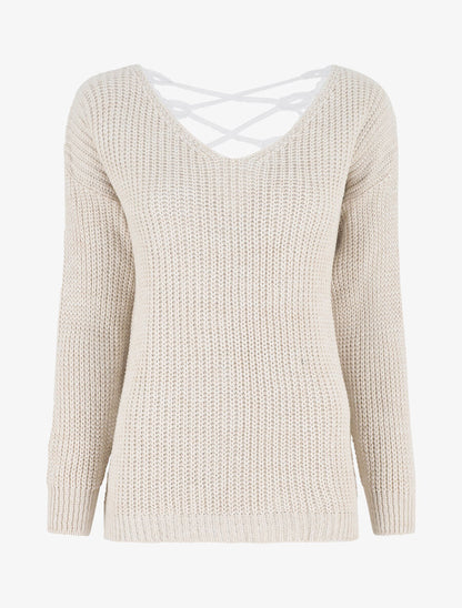 Pull droit col V dos en crochet - Beige - 1