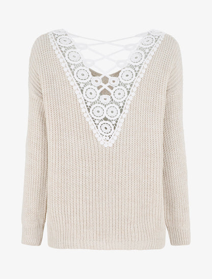 Pull droit col V dos en crochet - Beige - 2