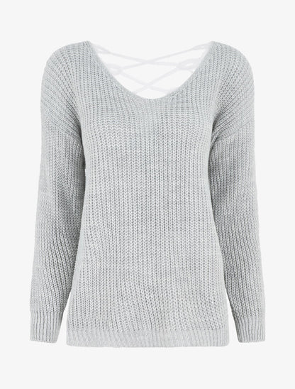 Pull droit col V dos en crochet - Gris clair - 1