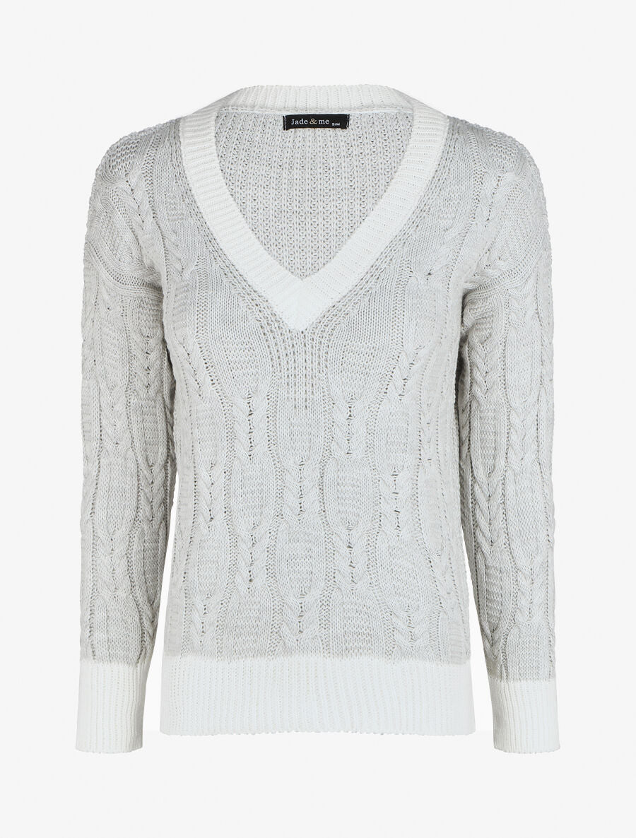Pull droit col V en maille tressée - Gris clair - 1