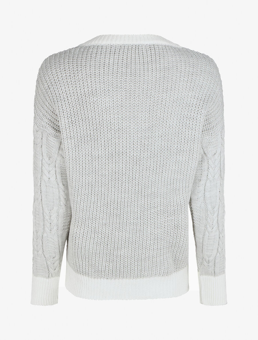 Pull droit col V en maille tressée - Gris clair - 2