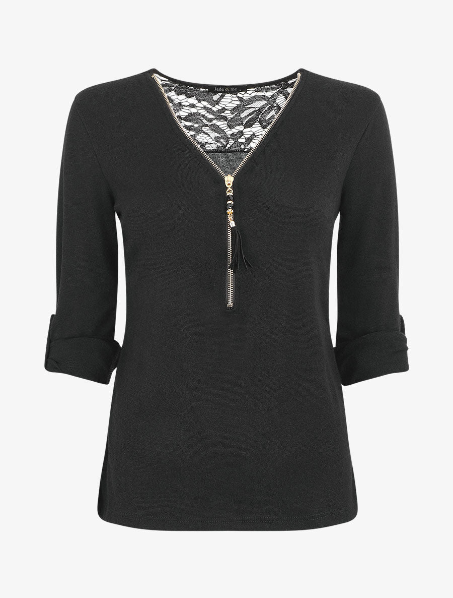 Pull droit uni à zip et dentelle - Noir - 1