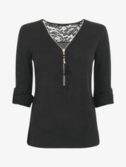 Pull droit uni à zip et dentelle - Noir - 1