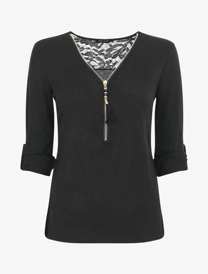 Pull droit uni à zip et dentelle - Noir - 1