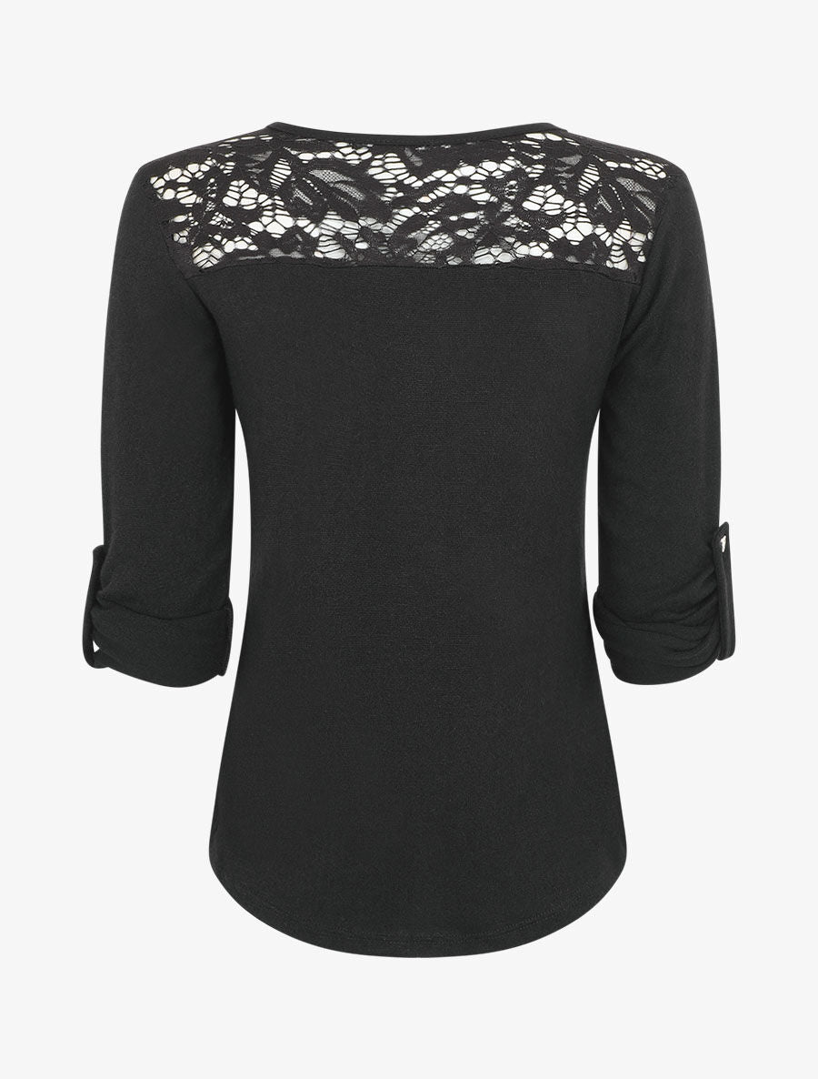 Pull droit uni à zip et dentelle - Noir - 2