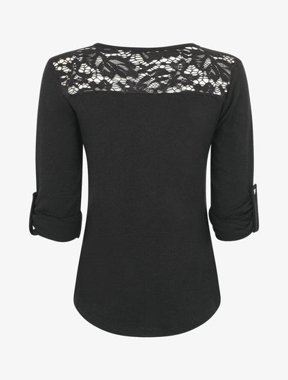 Pull droit uni à zip et dentelle - Noir - 2