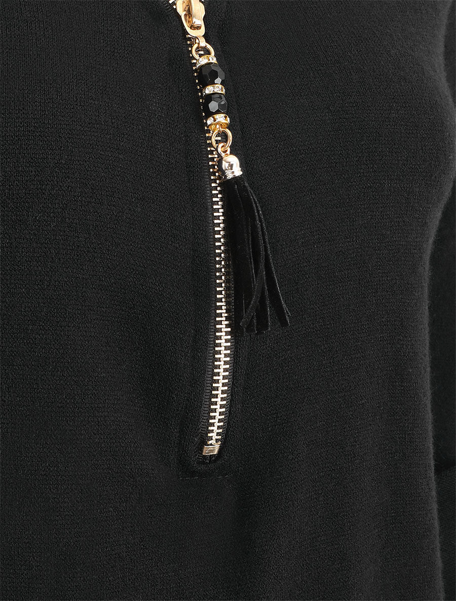 Pull droit uni à zip et dentelle - Noir - 3