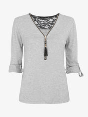 Pull droit uni à zip et dentelle - Gris - 4