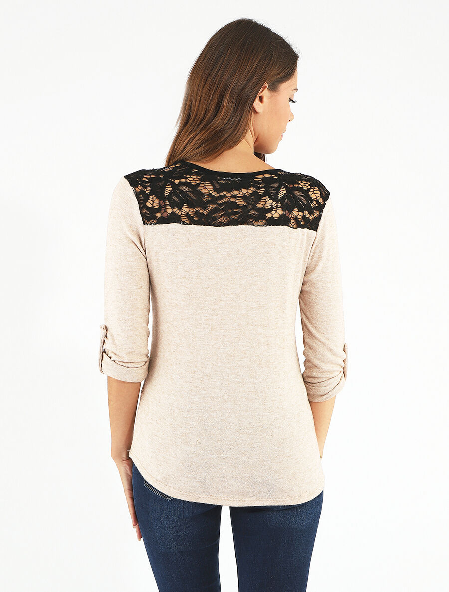 Pull droit uni à zip et dentelle - Beige - 5