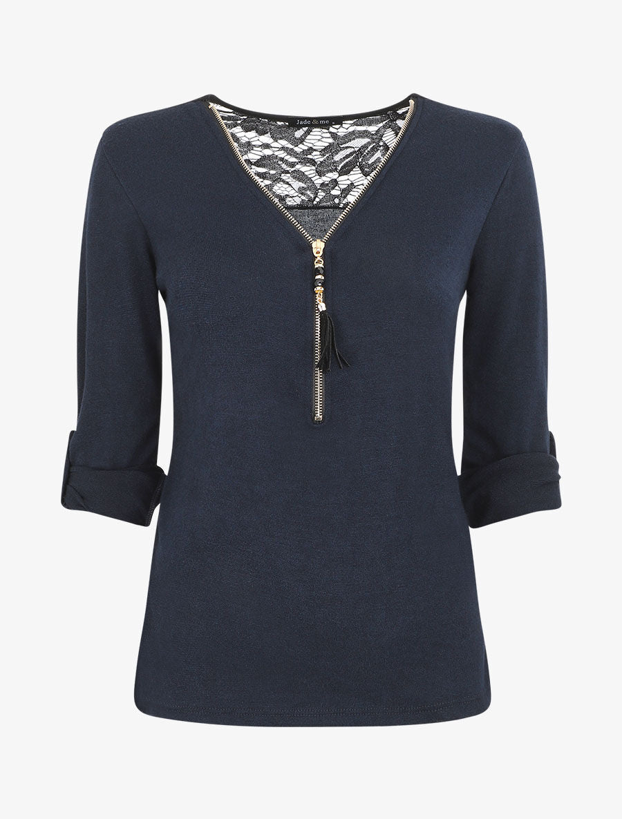 Pull droit uni à zip et dentelle - Marine - 1
