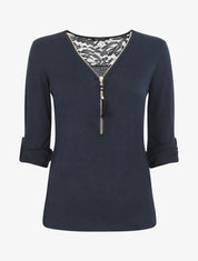 Pull droit uni à zip et dentelle - Marine - 1