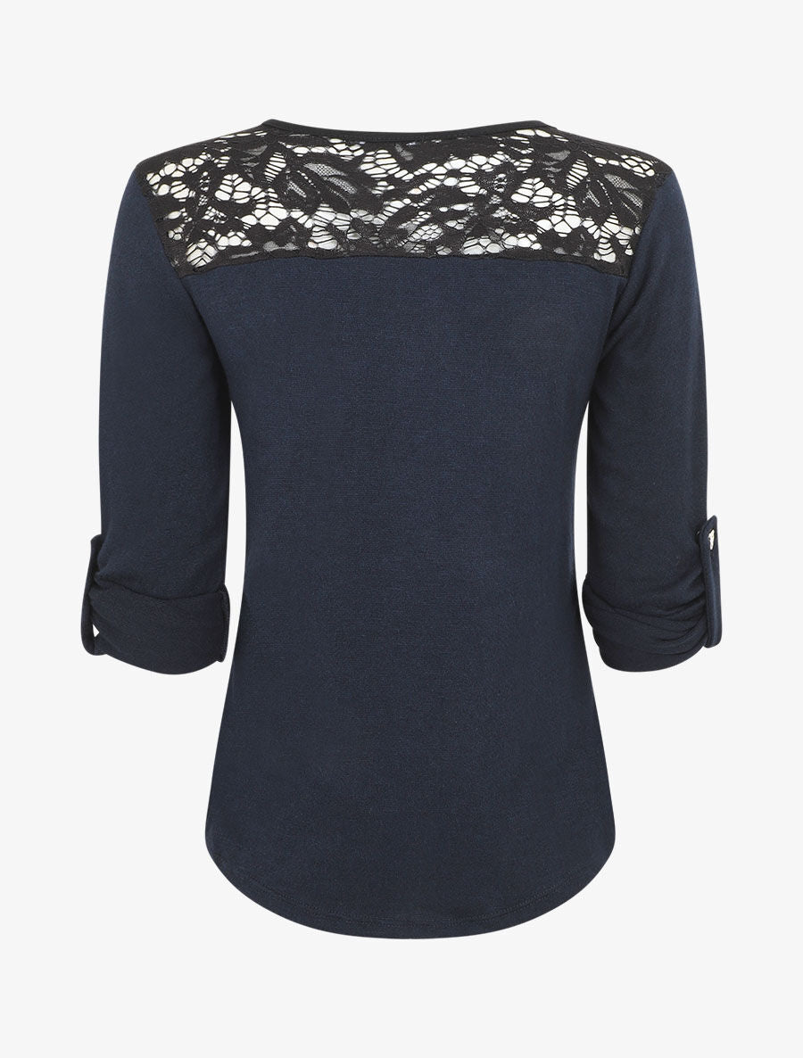Pull droit uni à zip et dentelle - Marine - 2